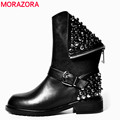 MORAZORA High quality PU genuine leather boots rivets square heels autumn winter ankle boots sexy fur