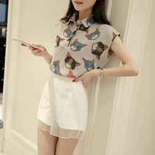 Womens cute Cat Print Blouses Chiffon Clothing Summer Lady Blouse Shirt XL Sale 2016 Fashion Blouses with Free Shorts Pants Set