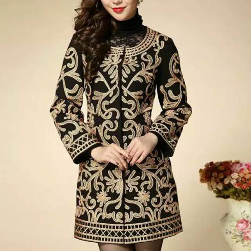 Vintage Coat 2015 New Autumn - Winter Fashion Brand Plus Size 3XL Full Sleeve Slim Embroidery Luxury Black Coat