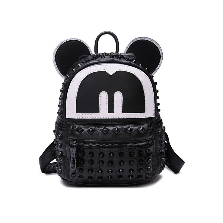 backpack with ears women black rivet genuine leath...