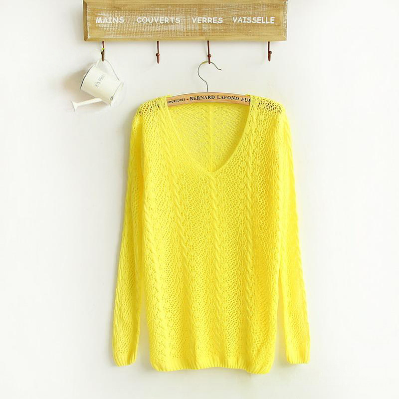 Free shipping 2015 New Candy Color Small Twist V neck Long sleeved Hollow Smock Women Sweater