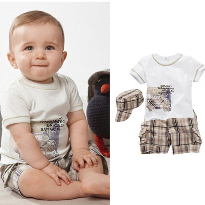 Baby Boy Clothes Sets 2016 Summer Cotton Car Print Top Tshirt And Stripe font b Chequer