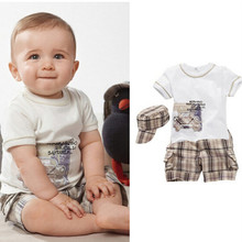 Baby Boy Clothes Sets 2016 Summer Cotton Car Print Top Tshirt And Stripe Chequer Short Pants Hat 3PCS Casual Set For Infant Boys