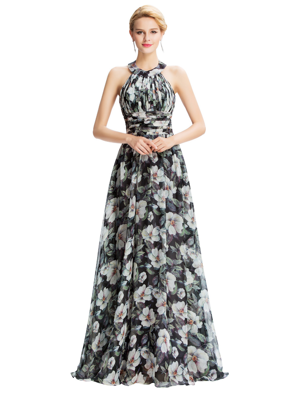 Black Fl Evening Dress Halter Neck Black Fl Print Flowers Chiffon Evening Dresses Formal Party Gowns Long Prom Dress Celebrity