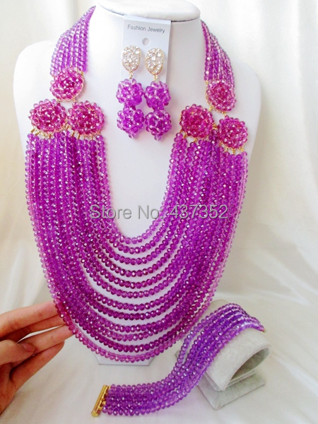 2015 New Fashion! Purple costume nigerian wedding african beads jewelry sets crystal beads necklaces NC2212