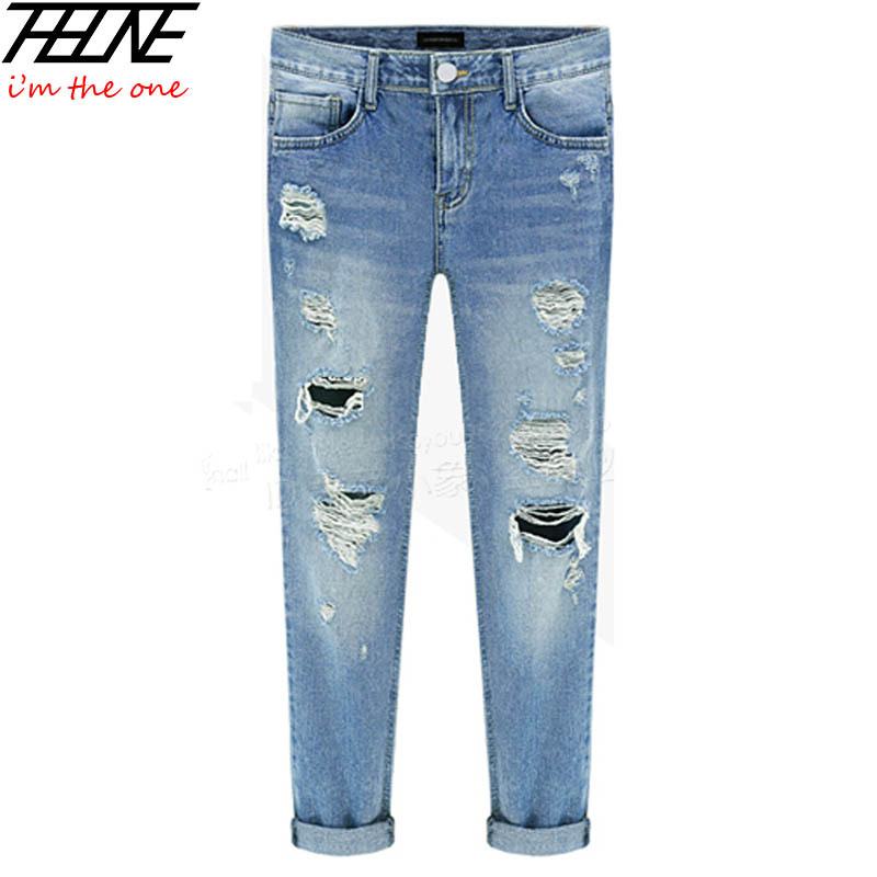 2015 New Women Jeans Ripped Holes Mid Waist Washed Famale Straight Full Length Casual Denim Pants Pantalones Vaqueros Mujerl