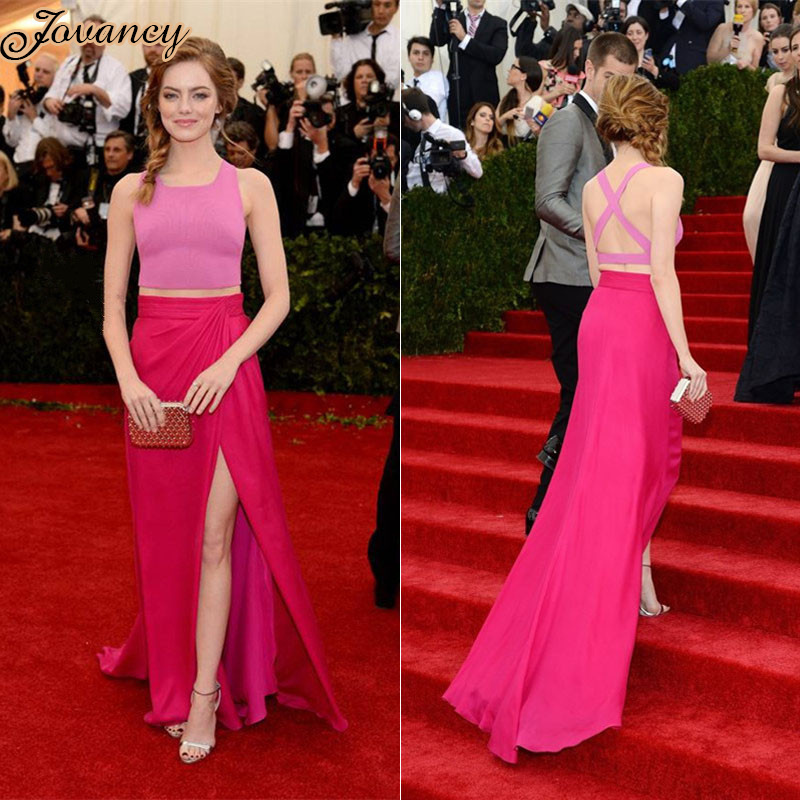 Emma Stone Noble Pink Sleeveless Split Side Court Train Evening Dresses Celebrity Dress Suit 2015