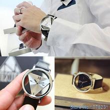 Hot Sale FashionUnisex Charm Glass Hollow Triangle Dial Faux Leather Analog Quartz Wrist Watch 4GKK