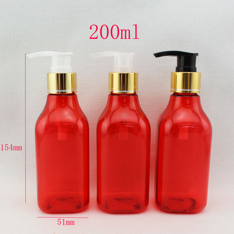 200ml x 30 gold aluminum collar lotion pump PET red bottles, empty cosmetic square container for shampoo cream personal care