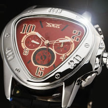 Hot Sale! Luxury JARAGAR Silver Stainless Steel Leather Bracelet Triangle Face Multifunction Date Auto Mechanical Men’s Watch
