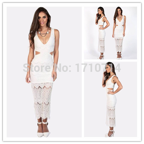 New White Lace Snowflake V-Neck Sleeveless Maxi Ve...