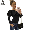 YEJIA FASHION Sexy Women Autumn Long Sleeve Black White Bodysuits Slim Ruffles Bodycon Short Jumpsuits Romper