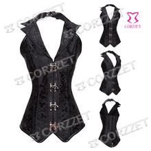 Black Dobby Halter Overbust Steel Boned Waist Training Slimming Sexy Corset Top Women Steampunk Corselet Bustier Gothic Clothing