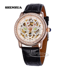 2016 SHENHUA Cool Women s Self Wind Automatic Mechanical Wrist watches Rhinestone Skeleton Waterproof Leather Strap