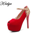 Plus size 32 42 Fashion Spring Autumn women pumps red wedding shoes sexy flock Peep Toe