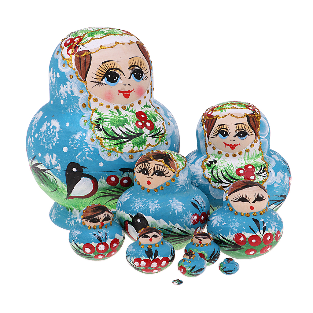 Set of 10 Pieces Hand Painted Blue Girls Russian Babushka Matryoshka Nesting Dolls Kit Kids Birthday Gift Christmas Ornaments