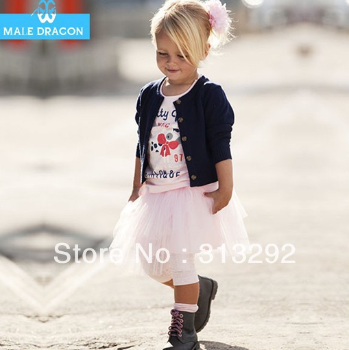 HL8014, 5sets/lot, baby children clothing sets, long sleeve jacket  + cotton T shirt + mesh skirt Clothing sets for 1-5 year.