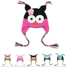 2015 New Cute National Style Cartoon Multicolor Infant Toddler Handmade Knitted Crochet Baby owl hat with ear flap Animal Cap