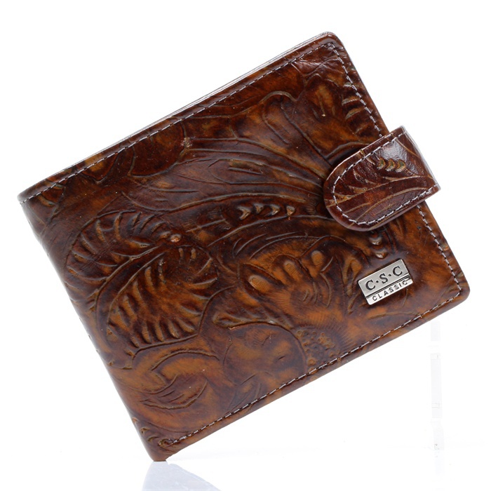 New Mens Vintage Totem Flower Pattern Texture Coffee Real Genuine Leather Bifold Clutch Wallet Gentlemen Credit