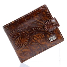 New Mens Vintage Totem Flower Pattern Texture Coffee Real Genuine Leather Bifold Clutch Wallet Gentlemen Credit Card Pouch Purse