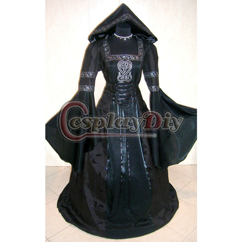 Custom Made Black Medieval Victorian Renaissance Gothic Dress Vampire Costume Hooded Robe Adult Women