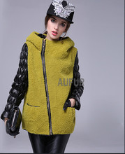 Women’s Real Lamb Fur Jacket Hooded Genuine Sheep Leather Sleeves Zipper Breasted Hoody Light Yellow Warm Winter Casual AU00580