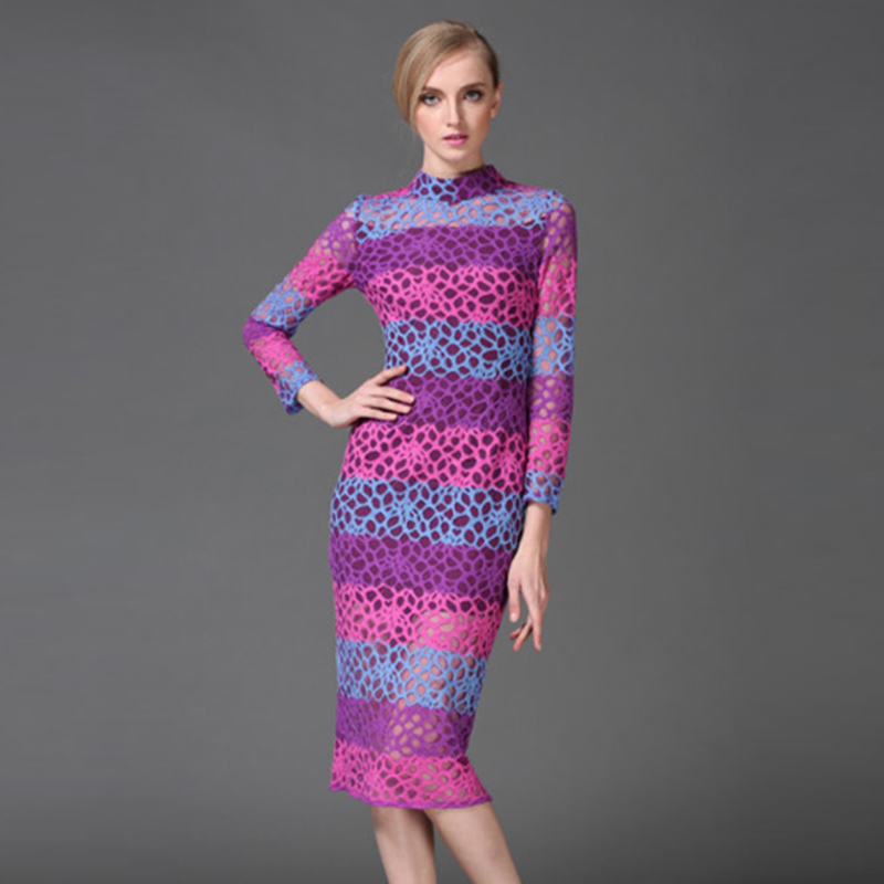 Novelty Purple Lace Dress New 2016 Spring Fashion Brand Full Sleeve Turtleneck Elegant Mesh Striped Women Dress