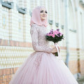 Oumeiya OW300 Pink Tulle Beaded Lace Appliqued High Neck Long Sleeve Hijab Muslim Wedding Gown 2015