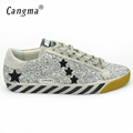 CANGMA Original Italy Deluxe Brand Men Shoes Sequin Genuine Leather Superstar Mens Casual Glitter Sliver Shoes