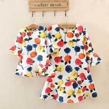 Hot Sell 2016 Family Fitted Women Rose Print Dress Fresh Lotus Sleeve Dress Girls Princess Dress Mother Daughter Dresses 9A24