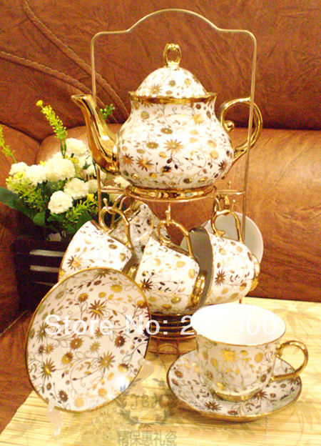 White And Gold Flower 13 European Titanium Ceramic Tea Set Tea Service For Wedding