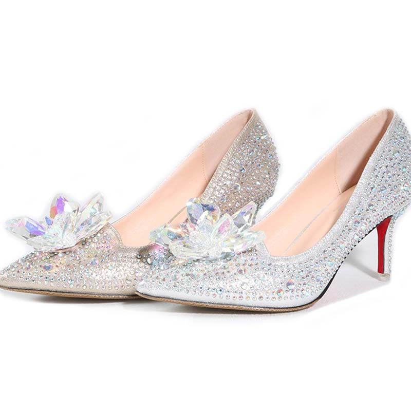 Фотография 2016 new women party wedding sexy pointed toe med high heeled pumps rhinestone shallow heels crystal flower shoes big size 34-43