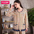 Spring Autumn Cotton Women Pajama Sets Full Sleeve Geometric Sleep Lounge Pyjama Round Neck Sleepwear Casual