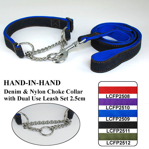 2.5cm Denim & Nylon choke Dog Collar with Dual Use Leash (5 Colors) 5pcs/lot Free shipping