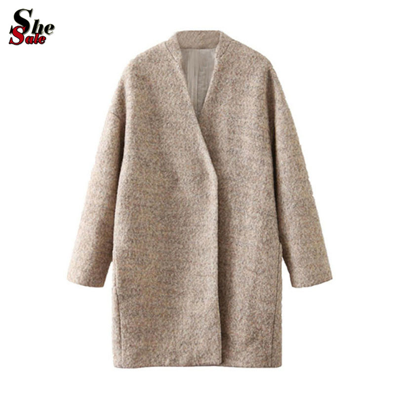 2014 Autumn/Winter Sheinside Desigual Brand Women Fashion Outerwear European Casual Apricot Long Sleeve Loose Woolen Long Coat
