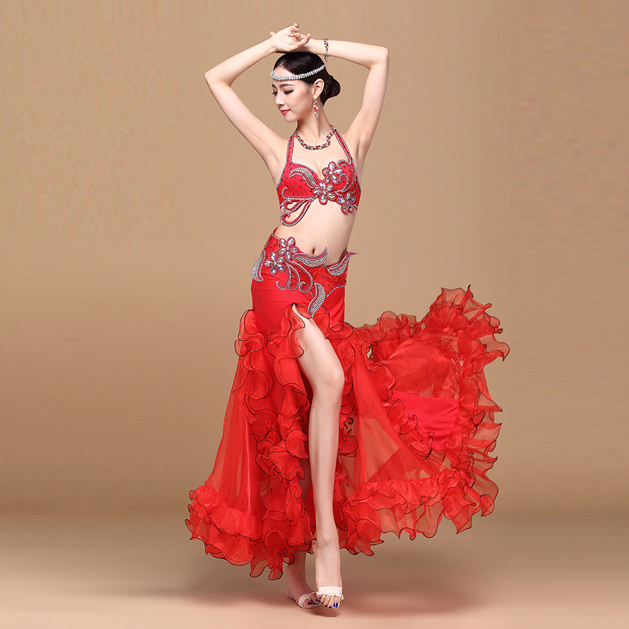 Stage Performance Luxury Belly Dancing Egyptian Costumes Oriental Style Rhinestone Bra, Belt Chiffon Skirt Belly Dance 3pcs