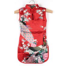 2015 New Summer Chinese Child Girls Baby Peacock Cheongsam Dress Qipao 2-8Y Clothes