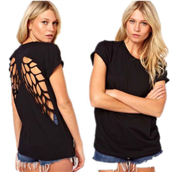 New 2014 fashion t shirt for women laser backless angel wings women's white black shorts tops & tees t-shirt autumn-summer xxl