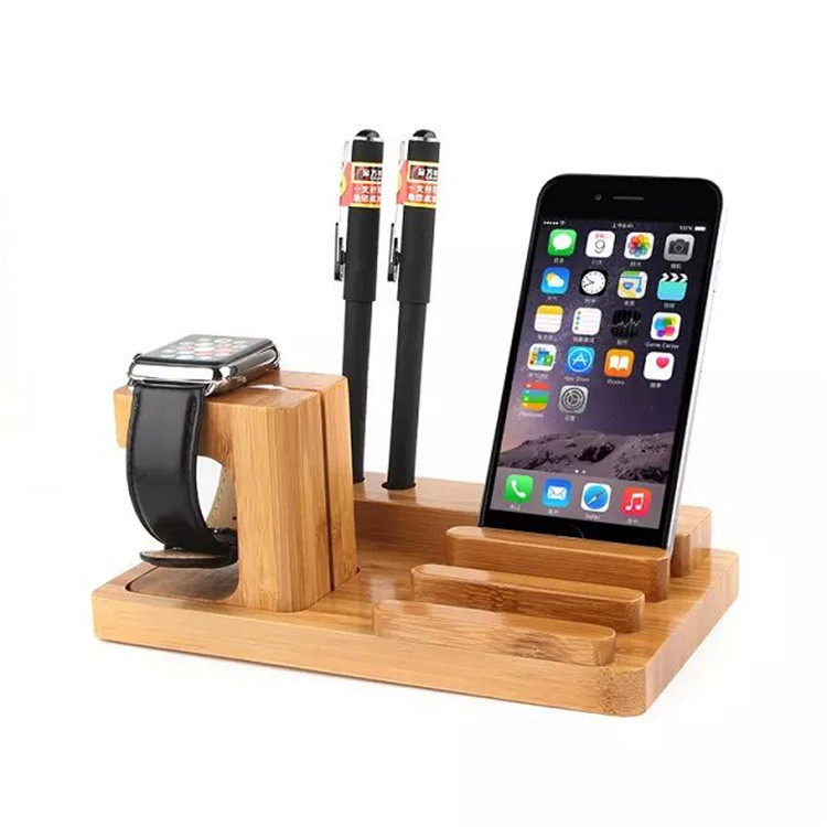 Natural Bamboo Mobile Phone Desktop Holder Watch Charger Stand Bracket Charging Dock Station for iphone ipad