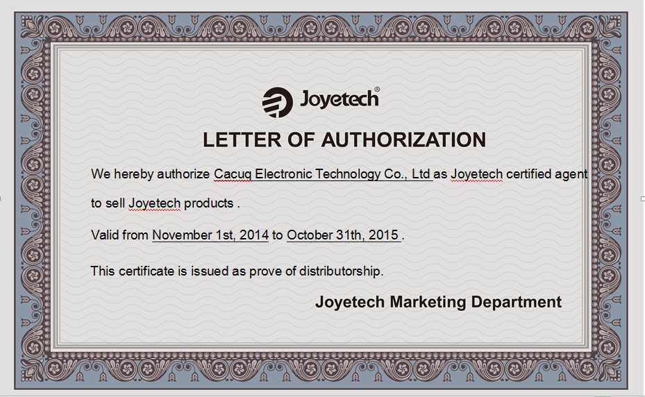 Joyetech letter of authorization JPG
