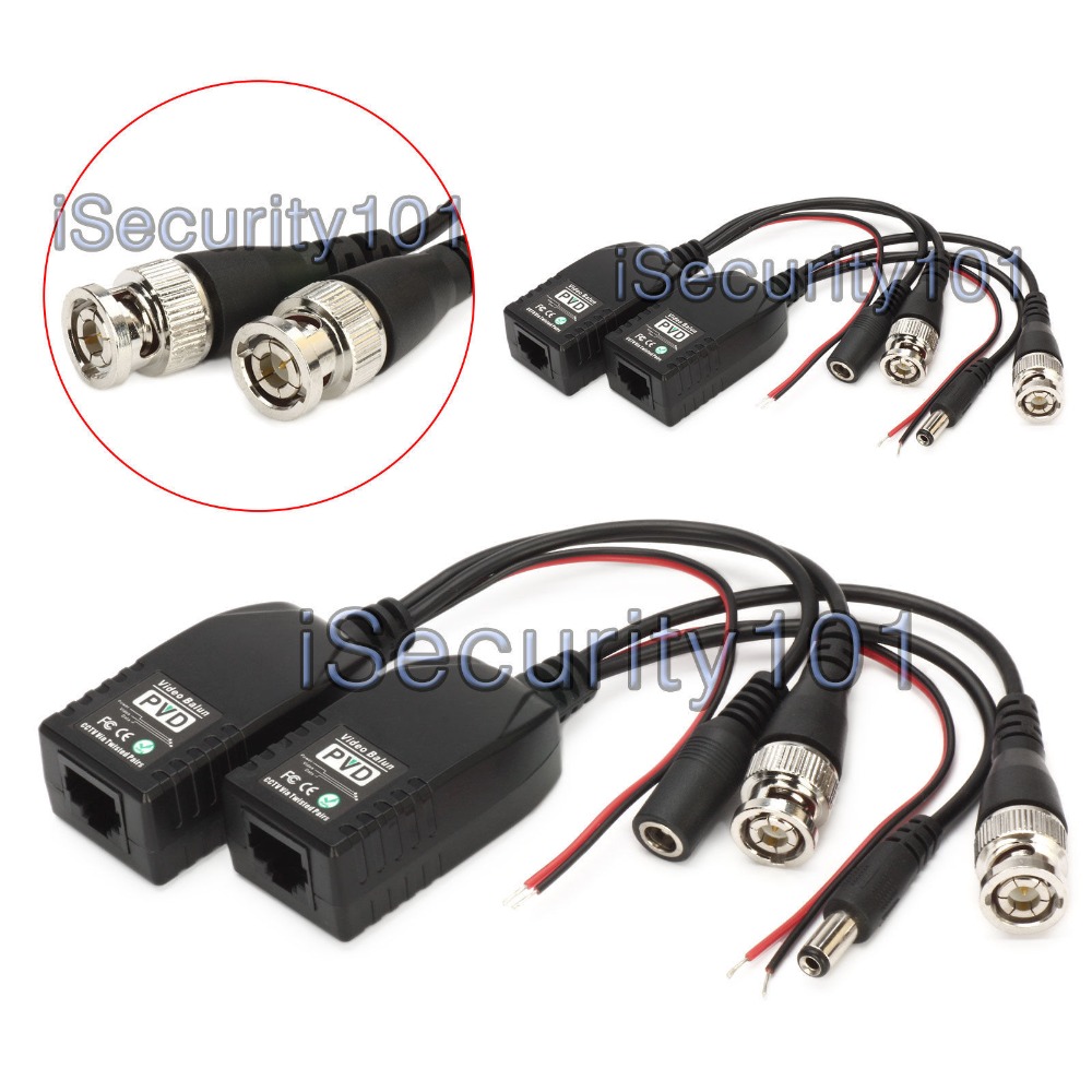 2 Pairs BNC to RJ45 CAT5 Video +Data +Power Balun Connector 4 CCTV PTZ