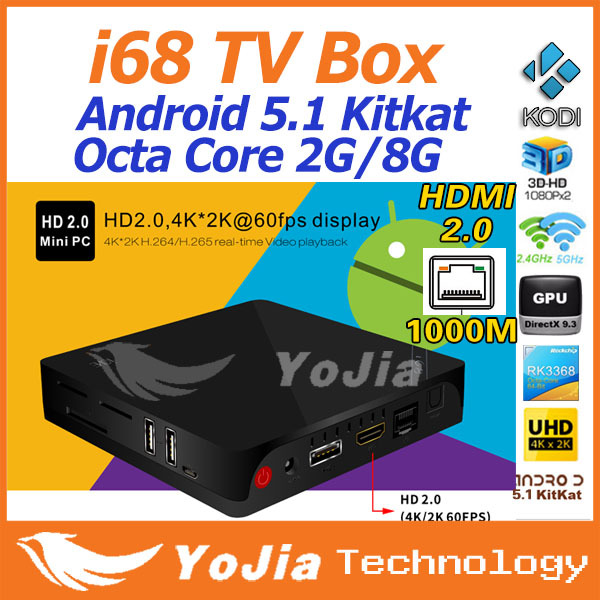  i68 Android 5.1 TV Box RK3368 OctaCore 64Bit Cortex A53 2  / 8  2.4  / 5   wi-fi HDMI2.0  Lan2GB / 8  KODI 4 