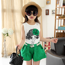 Retail Children clothing set 2016 new summer girls Cartoon characters printed tank top with metallic bowknot + trousers suit set