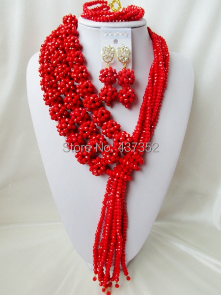 New Fashion Nigerian Wedding African Beads Jewelry set Red Crystal Necklaces Bracelet Earrings Jewelry Set CPS-596