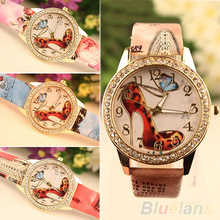 Women s Retro Rhinestone High Heeled Shoe Printed Faux Leather Wrist Watch 6L8D