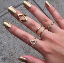 High Quality! 2015 Vintage Punk style 14K Gold & Silver Plated Crystal Geometric Triangle Mid Finger Ring 5pcs/Set Wholesale R30