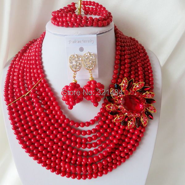 Fashion Nigerian Wedding African Beads Red Coral Beads Jewelry Set Necklace Bracelet Earrings CJS-327