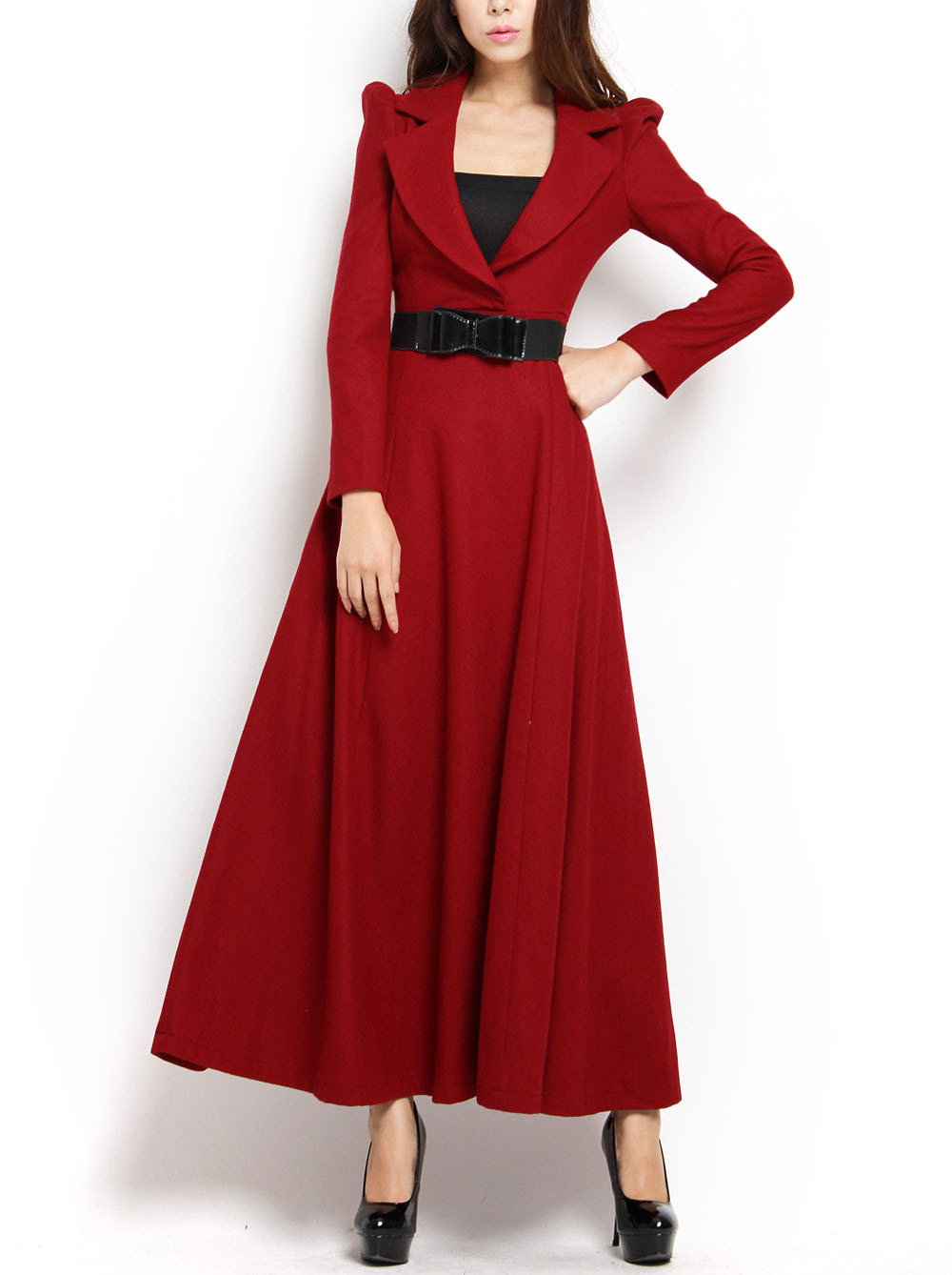 Twods 2015 new autumn winter women long puff sleeve wool maxi dress lapel slim designer v neck elegant woolen female dress