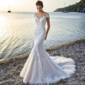 Sexy Lace Appliques Wedding Dresses Sweep Train Capped Sleeves Sequined Backless Sexy Bridal Dresses Mermaid Beach