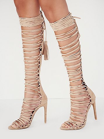 Beige & Black Strappy Knee High Heeled Gladiator Sandals Boots Sexy Peep Toe Back Zip Fringed Lace Up Women Boots Shoes Woman